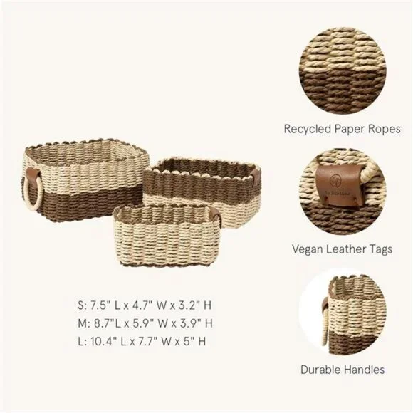 Set of 3 Woven Storage Baskets Recycled Paper Rope Bin Organizer Divider